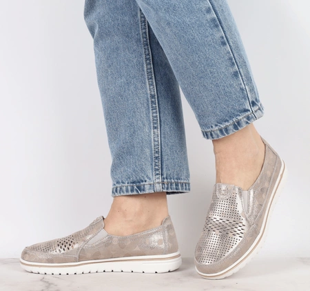 Komfortowe półbuty damskie wsuwane złote skórzane szyte Jezzi