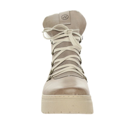 Beżowe eleganckie botki damskie zimowe skórzane Helios