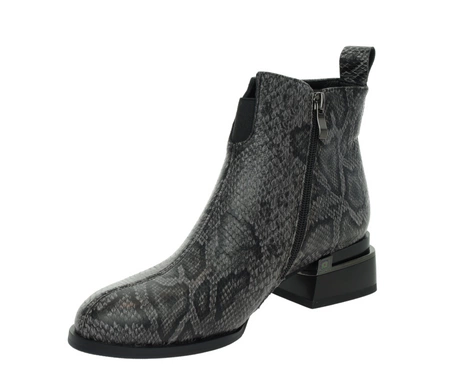 Szare skórzane botki eleganckie płaskie wężowa skóra