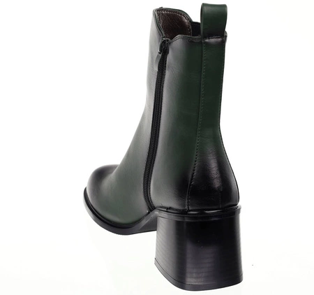 Modne botki zimowe na klocku butelkowa zieleń Jezzi