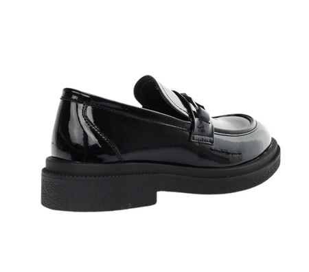 Skórzane lakierowane półbuty damskie czarne lordsy garniturowe Jezzi