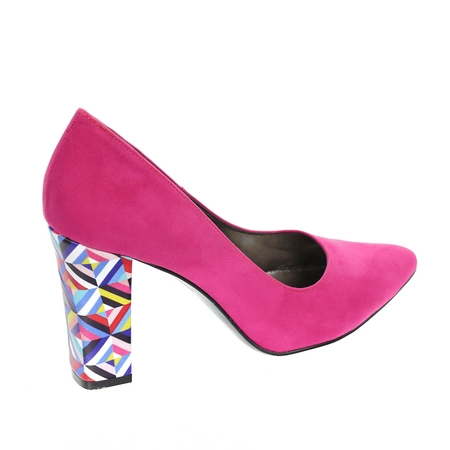 Różowe zamszowe czółenka na szerokim obcasie Sofia - Produkt Polski