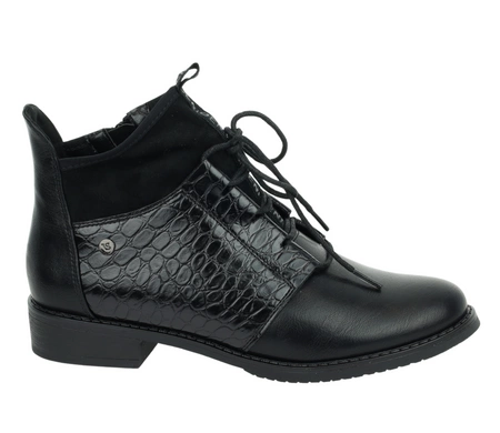 Czarne eleganckie półbuty jesienne damskie ocieplane lakierowana cholewka Jezzi