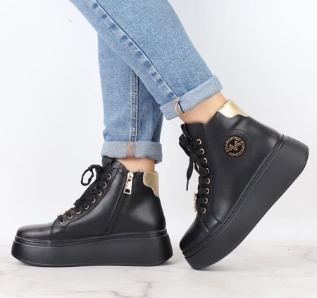 Czarne skórzane adidasy damskie delikatne ocieplane ze złotymi dodatkami VINCEZA