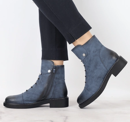 Niebieskie półbuty damskie ocieplane za kostkę na zamek eleganckie Jezzi