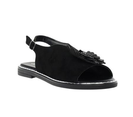 Modne sandały płaskie czarne zabudowane na szeroką stopę Jezzi