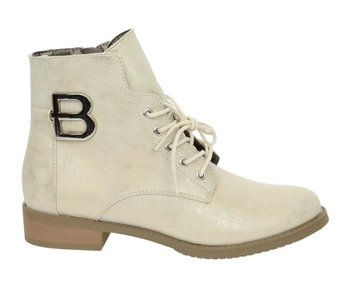 Beżowo-złote botki damskie jesienne ocieplane na płaskiej podeszwie Jezzi