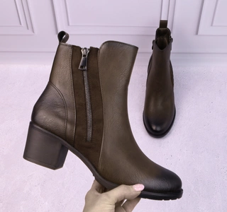 Brązowe czekoladowe eleganckie i wygodne botki damskie zimowe na niskim obcasie Jezzi