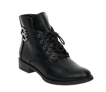 Czarne klasyczne botki damskie ocieplane na zamek i sznurowadła płaskie Jezzi