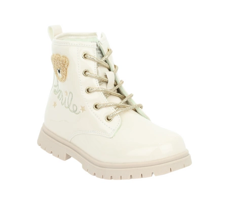 Beżowe lakierowane botki dziecięce jesienne ocieplane z Misiem