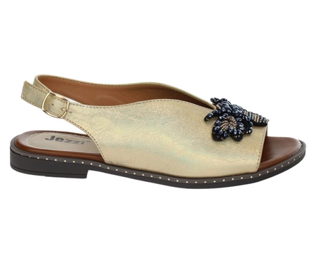 Złote sandały damskie eleganckie na płaskiej podeszwie Jezzi