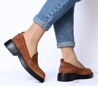 Zamszowe brązowe czekoladowe mokasyny damskie lordsy skórzane RYŁKO