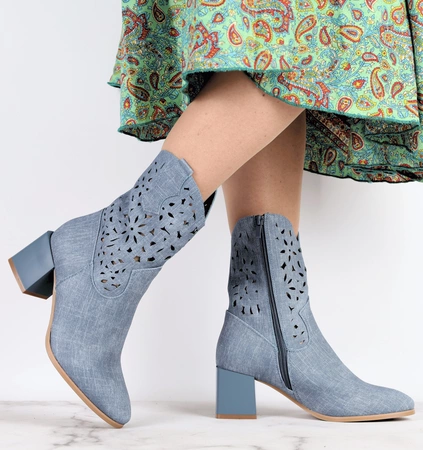 Dżinsowe botki na obcasie ażurowe wiosenne Jezzi