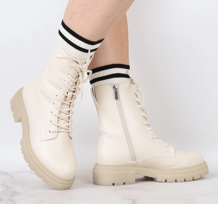 Beżowe botki damskie płaskie komfortowe traperki skórzane Jezzi