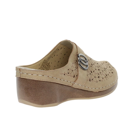 Skórzane szyte chodaki klapki komfortowe na niskiej koturnie Unisoft