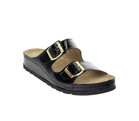 Czarne skórzane klapki damskie lakierowane na dwóch regulowanych paskach HELIOS