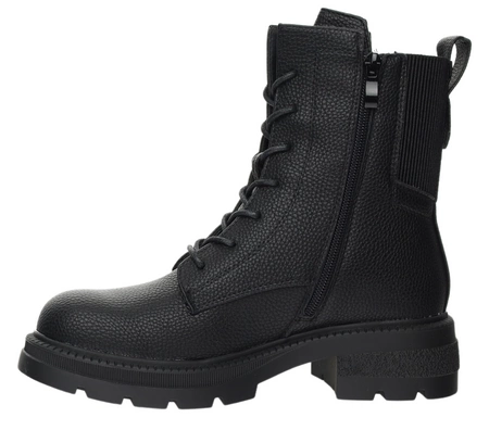 Czarne buty zimowe damskie na płaskiej grubej podeszwie na zamek i sznurowadła Jezzi