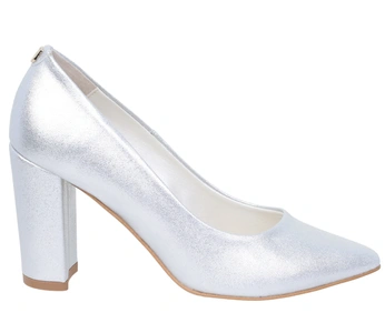 Srebrne czółenka na wysokim klocku nosek migdałowy