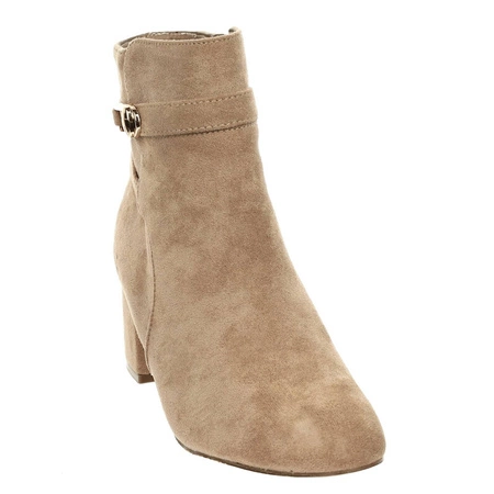 Beżowe zamszowe botki damskie zimowe na obcasie Jezzi