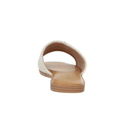 Eleganckie plecione klapki płaskie ze złotą klamrą i kryształkami Jezzi