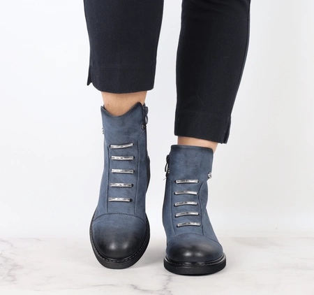 Niebieskie półbuty damskie ocieplane za kostkę na zamek eleganckie Jezzi