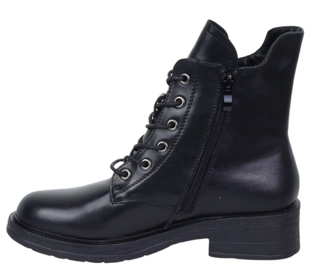 Czarne klasyczne botki damskie skórzane na zamek i sznurowadła Jezzi