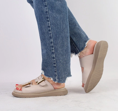 Klapki damskie skórzane eleganckie na regulowanych paskach złote klamry MODO