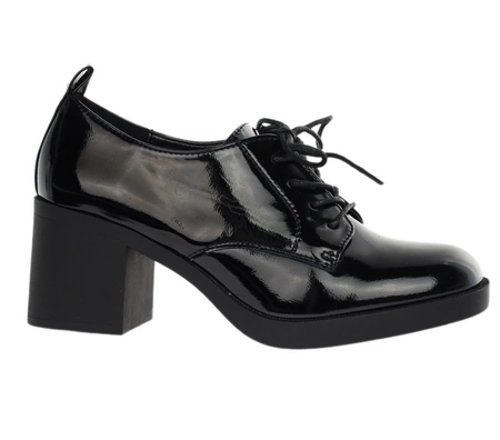 Czarne lakierowane półbuty damskie na obcadie i platformie sznurowane Jezzi