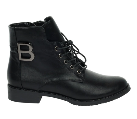 Czarne klasyczne botki damskie ocieplane na zamek i sznurowadła płaskie Jezzi