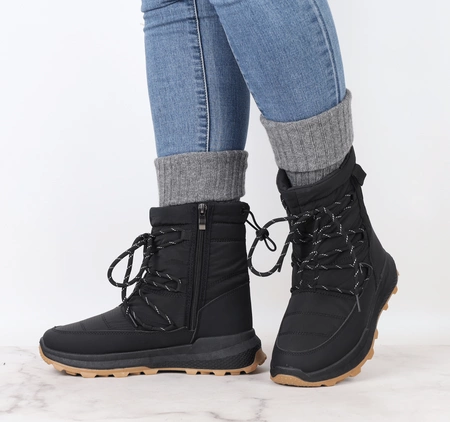 Czarne modne śniegowce damskie sportowe botki ciepłe na zimę Jezzi