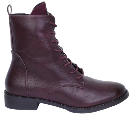 Bordowe botki damskie klasyczne na zamek i sznurowadła Jezzi