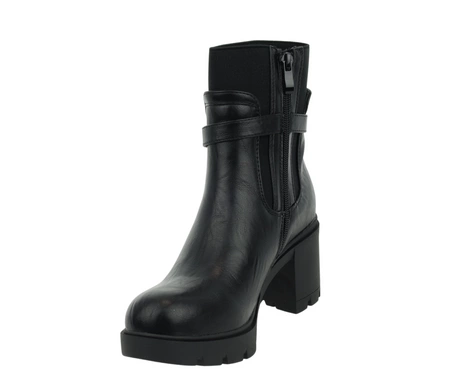 Czarne rokowe botki zimowe na obcasie i platformie ze skóry licowej ekologicznej Jezzi