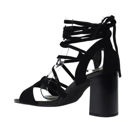 Seksowne czarne sandały damskie na obcasie sznurowane i wiązane na kostce Jezzi