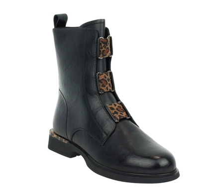 Czarne botki damskie płaskie ze skóry naturalnej z elementami panterki VINCEZA