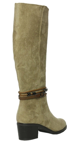 Beżowe kozaki damskie zamszowe na niskim obcasie Jezzi