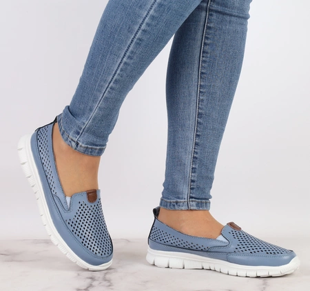 Skórzane niebieskie mokasyny damskie ażurowe ze skóry naturalnej Jezzi