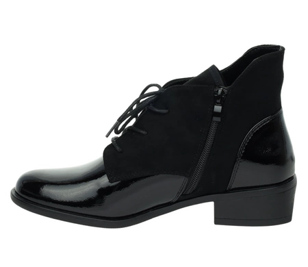 Czarne półbuty jesienne lakierowane botki płaskie Lekko ocieplane Kazadi