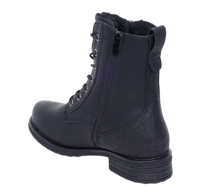 Czarne klasyczne botki damskie ocieplane na zamek i sznurowadła komfortowe Jezzi