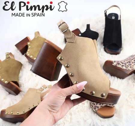 Skórzane sandały na drewnianym klocku i platformie z ćwiekami Hiszpańskie El Pimpi