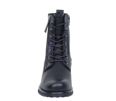 Czarne klasyczne botki damskie ocieplane na zamek i sznurowadła komfortowe Jezzi