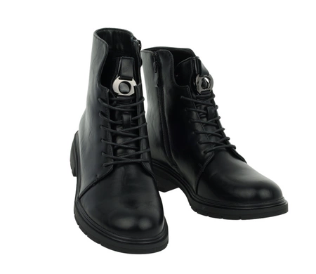 Czarne klasyczne botki damskie płaskie na zamek i sznurowadła Jezzi