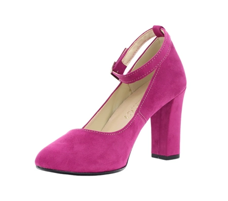 Różowe zamszowe czółenka na słupku z paskiem wokół kostki Azali