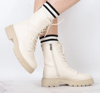 Beżowe botki damskie płaskie komfortowe traperki skórzane Jezzi