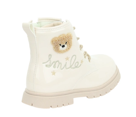 Beżowe lakierowane botki dziecięce jesienne ocieplane z Misiem