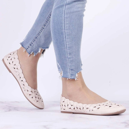 Beżowe balerinki damskie ażurowe kwiatki Jezzi