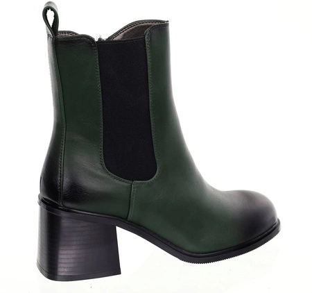 Modne botki zimowe na klocku butelkowa zieleń Jezzi