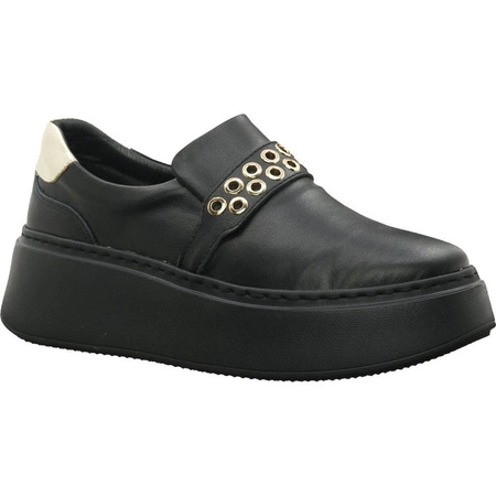 Czarne półbuty damskie skórzane z biżuterią Polska Marka Gino Fabiani