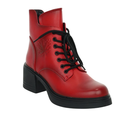 Czerwone botki zimowe skórzane na platformie i szerokim niskim obcasie SEVILA