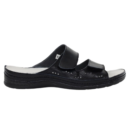 Czarne komfortowe klapki damskie skórzane regulowane American