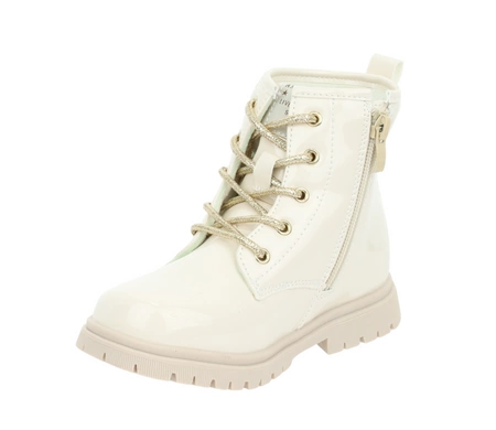 Beżowe lakierowane botki dziecięce jesienne ocieplane z Misiem